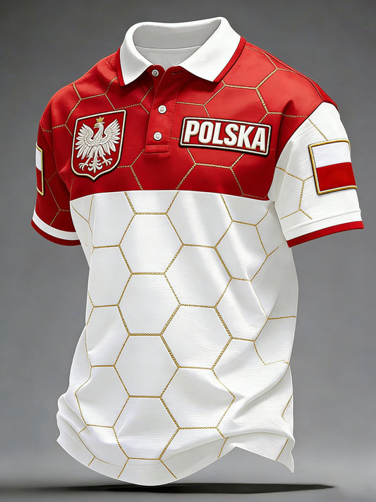 Męska koszulka polo dla kibiców piłki nożnej w kolorach flagi Polski z artystycznym nadrukiem