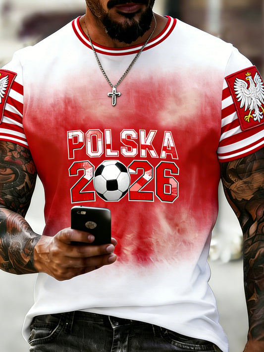 Męski t-shirt dla kibica piłki nożnej w kolorach flagi Polski z artystycznym nadrukiem