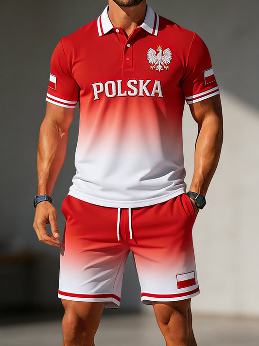 Męski retro polski zestaw z gradientem na co dzień: polo i szorty