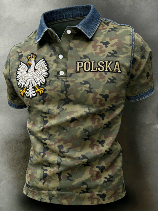 Męska koszulka polo z krótkim rękawem z polskim nadrukiem kamuflażowym