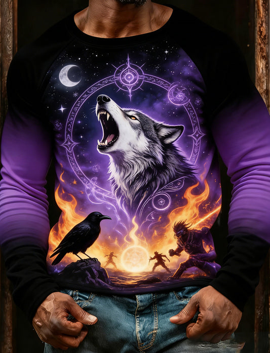 Męski t-shirt z długim rękawem z artystycznym nadrukiem w stylu polskiego czarodzieja „Magiczny Świat”