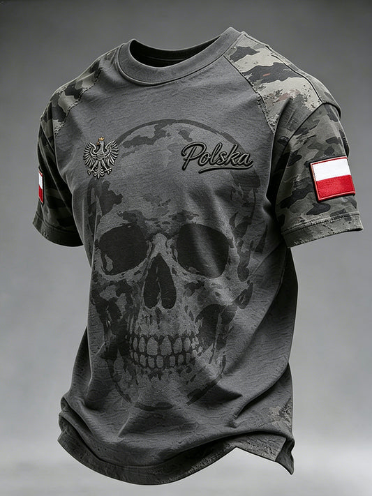 Męski T-shirt z efektem postarzenia w kamuflażowe wzory i nadrukiem czaszki