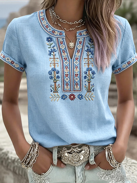 Szwedzki Midsummer symetryczny kwiatowy wzór na co dzień T-Shirt z dekoltem w szpic