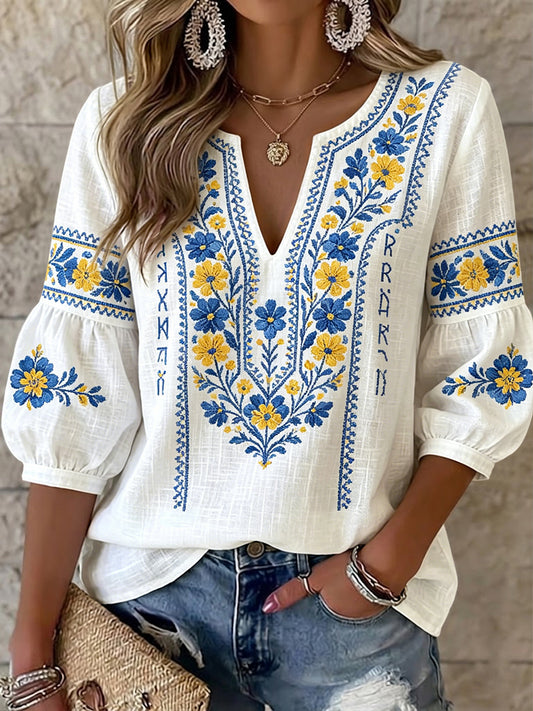 Damski retro artystyczny szwedzki Midsummer kwiatowy dekolt w szpic Top