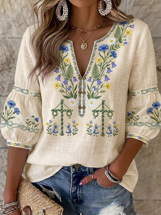 Damskie Vintage Swedish Midsummer z kwiatowym nadrukiem bawełnianym-lniana bluzka