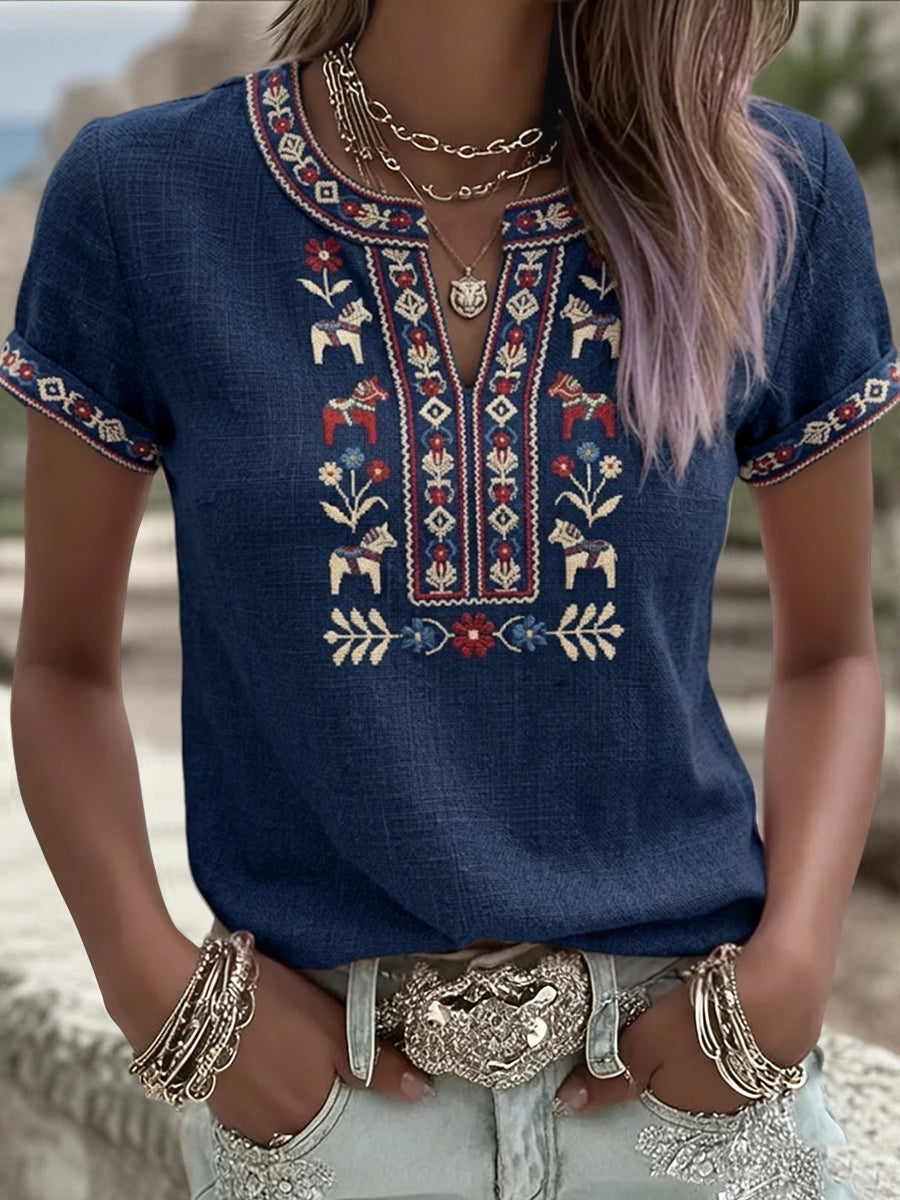 Damski retro szwedzki Midsummer kwiatowy patchwork Casual T-Shirt