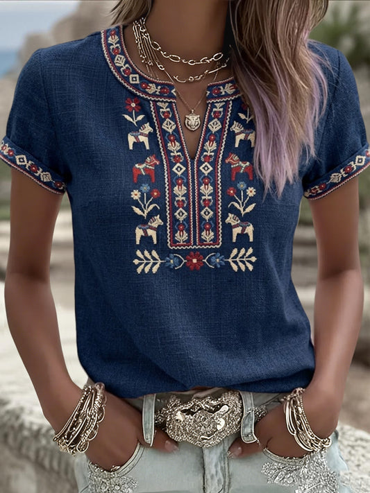 Damski retro szwedzki Midsummer kwiatowy patchwork Casual T-Shirt
