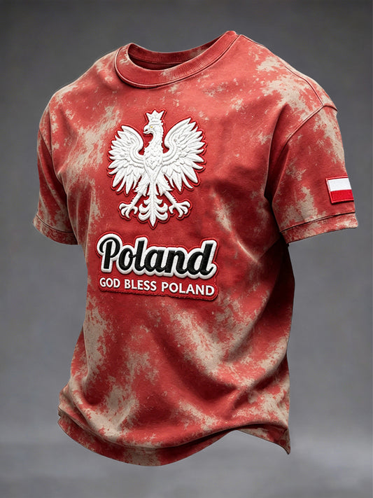 Męski polski koszulka w stylu vintage z czerwonym nadrukiem, na co dzień, z krótkim rękawem