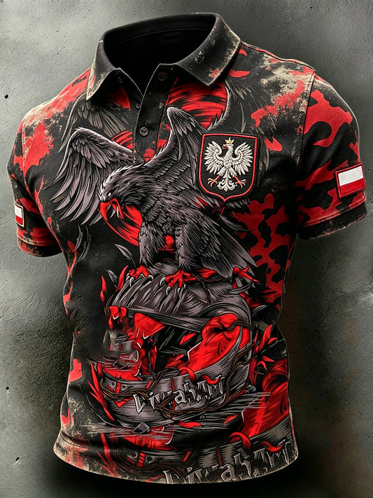 Męski polo z efektem znoszenia, z kamuflażem, haftem i nadrukiem