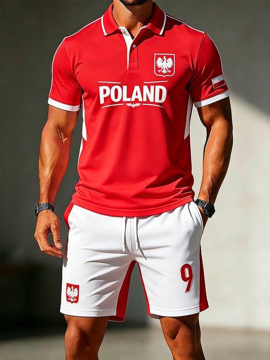 Męski komplet polo z krótkim rękawem i szortami: nadruk w stylu kolorowego bloku na temat piłki nożnej