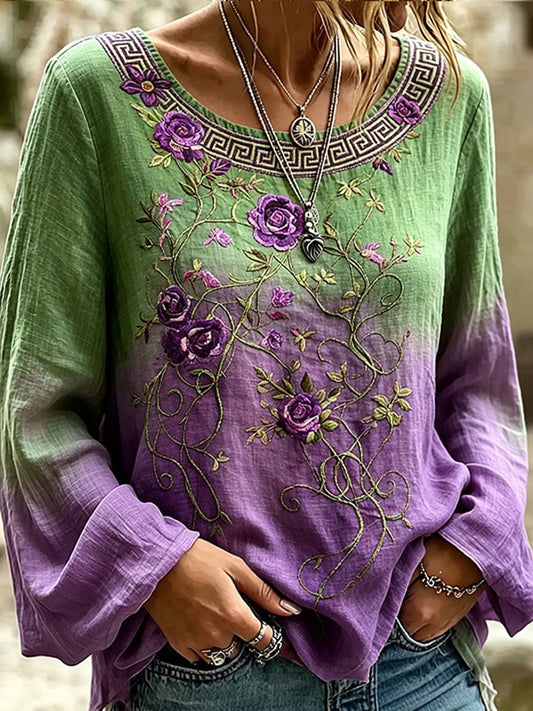 Damski top w stylu vintage z kwiatowym nadrukiem, codzienny, bawełniano-lniany