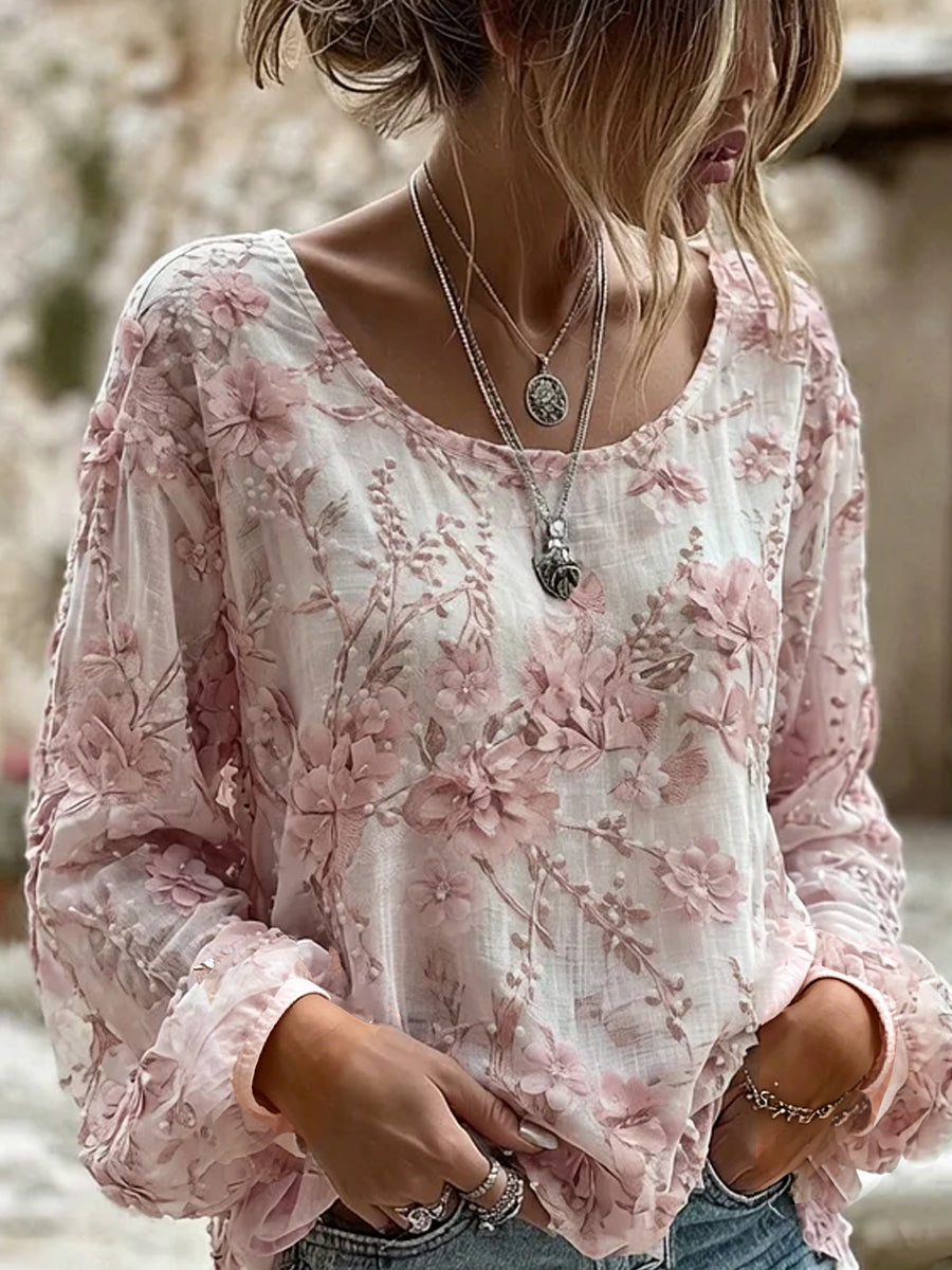 Damski top w stylu vintage z kwiatowym nadrukiem, codzienny, bawełniano-lniany