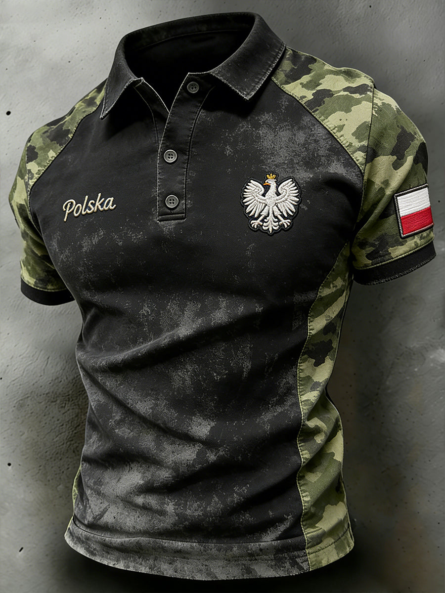 Męska koszulka polo z nadrukiem patchworku w trudnej sytuacji