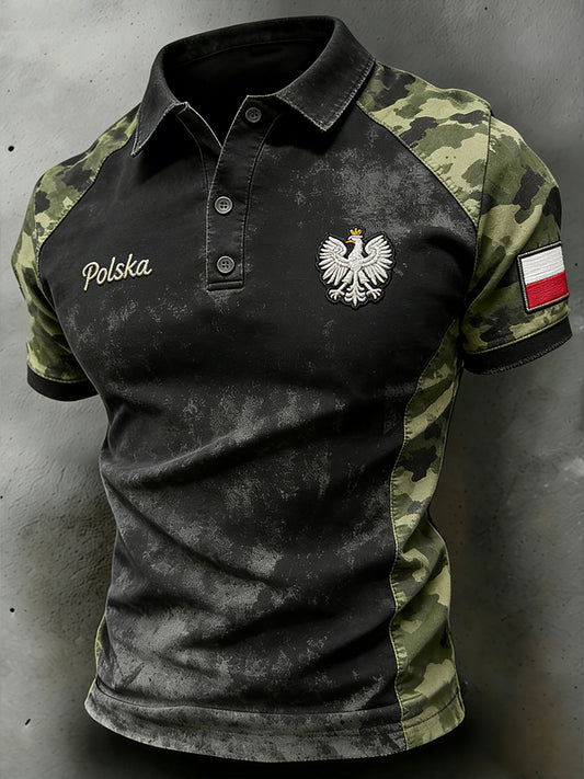 Męska koszulka polo z nadrukiem patchworku w trudnej sytuacji