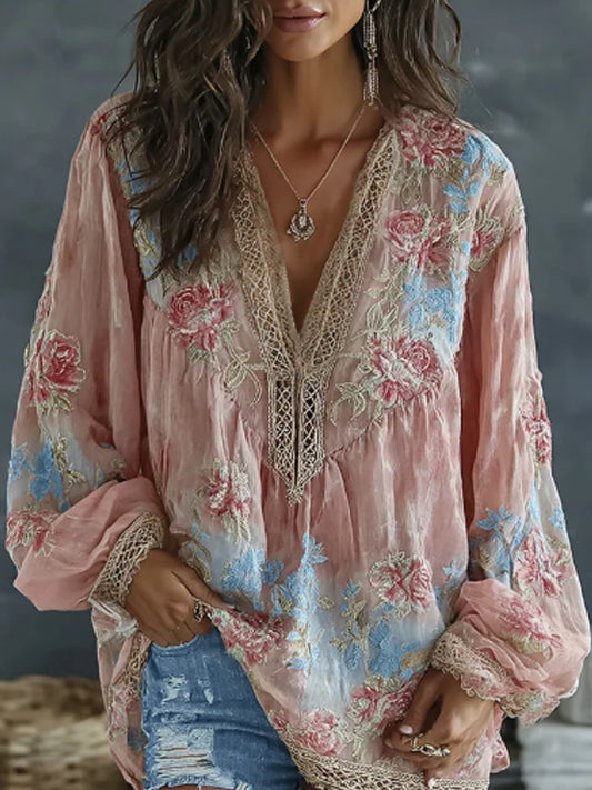 Damskie w stylu vintage kwiatowy i motylkowy haftowane artystyczny nadruk w stylu flowy lniany mieszany na co dzień topy