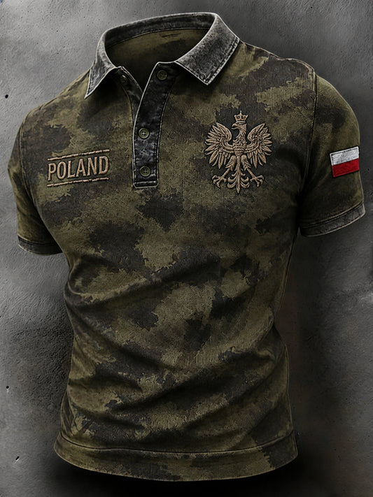 Męski casualowy polo z krótkim rękawem i wystrzępionym nadrukiem kamuflażowym