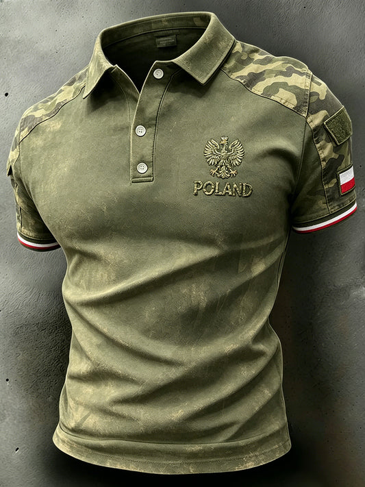 Męska koszulka polo z efektem znoszenia w kamuflażowym wzorze z nadrukiem orła