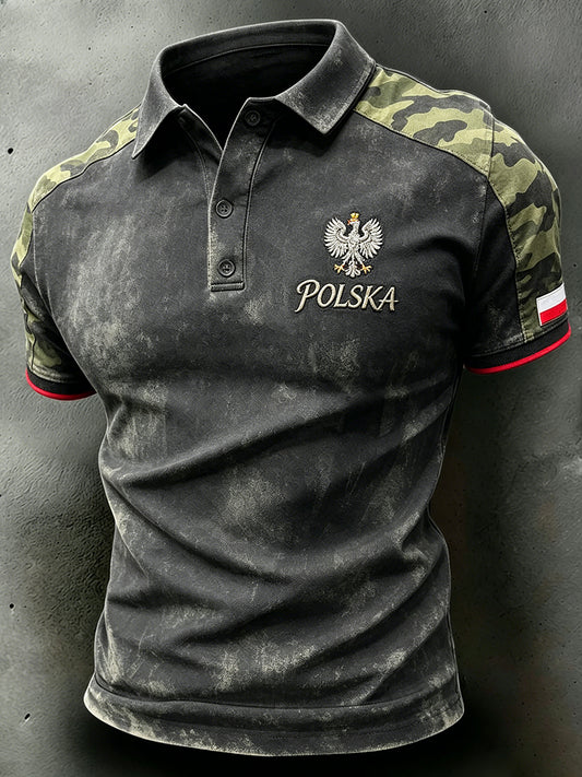 Męski polo z krótkim rękawem w stylu zdarty, z kamuflażowym wzorem i nadrukiem orła