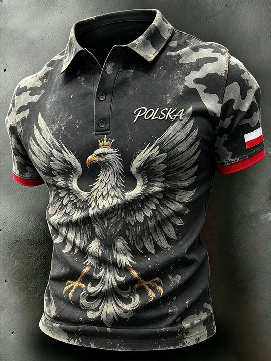 Męski polo z krótkim rękawem w stylu zdarty, z kamuflażowym wzorem i nadrukiem orła