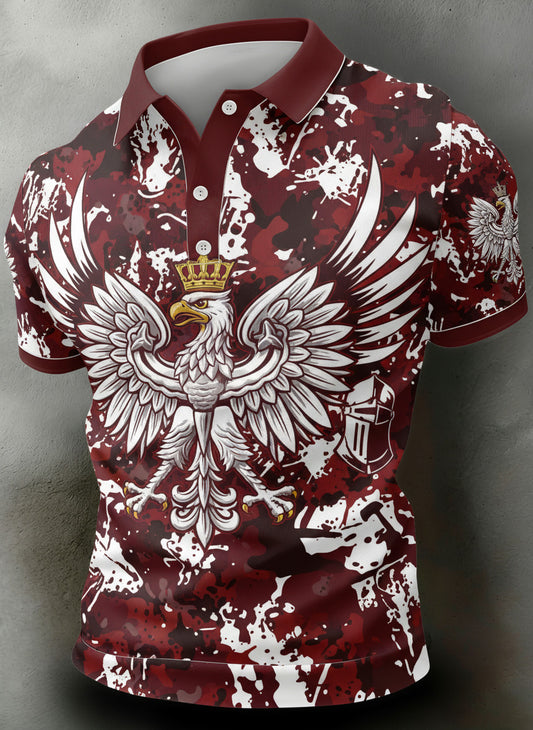 Męska koszulka polo z krótkim rękawem z artystycznym nadrukiem i elementami polskiego stylu wojskowego