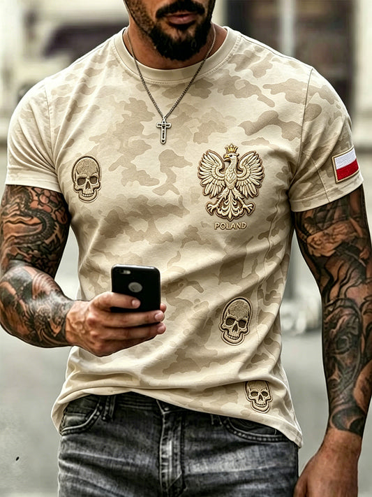 Męski t-shirt z krótkim rękawem, poszarpany materiał, wzór moro