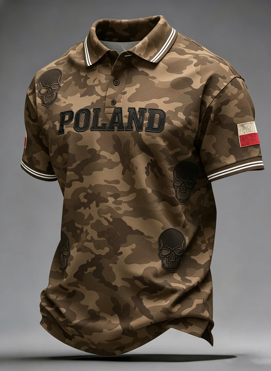 Męska koszulka polo z krótkim rękawem, ozdobiona artystycznym nadrukiem i elementami w stylu polskiej armii