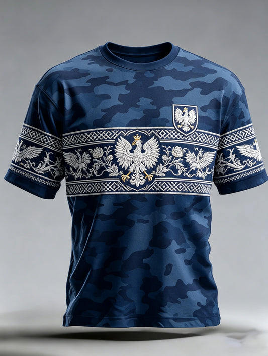Męski t-shirt z krótkim rękawem, z artystycznym nadrukiem i elementami w stylu polskiej armii