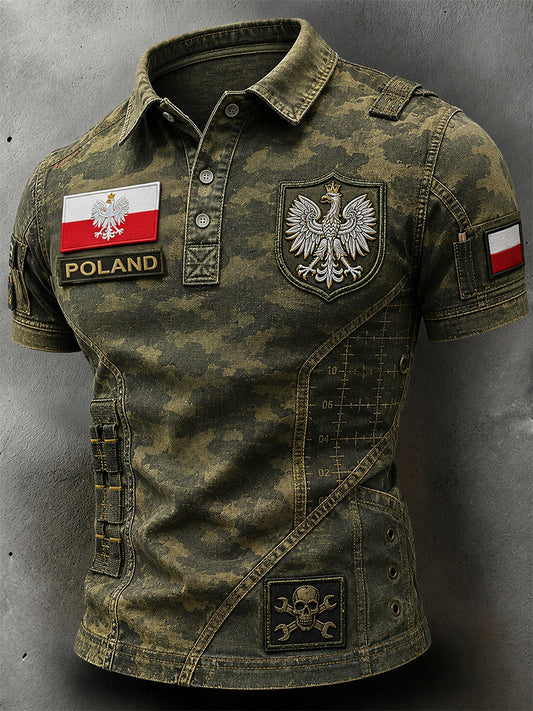 Męski retro koszulka polo w stylu casual z polskim nadrukiem sztuki wojskowej w kolorze kamuflażowym z efektem przetarcia