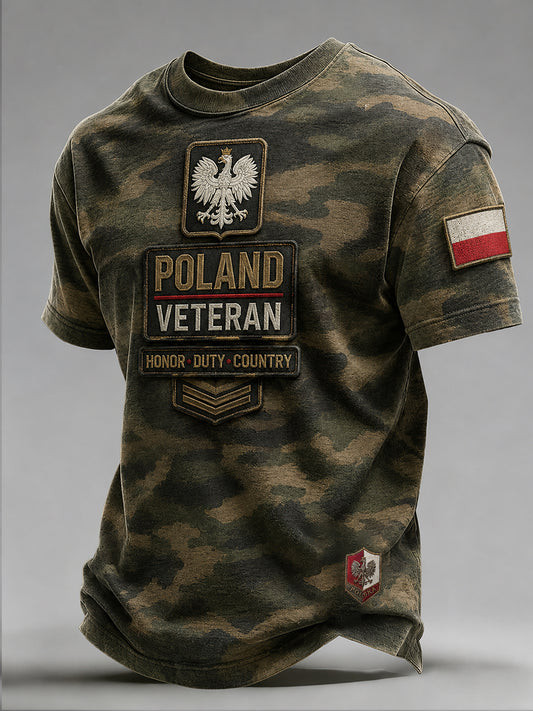 Męski koszulka w stylu casual z polskim nadrukiem artystycznym, retro, poszarpana, moro