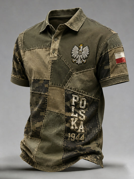 Męski retro koszulka polo w stylu casual z polskim nadrukiem sztuki wojskowej w kolorze kamuflażowym z efektem przetarcia