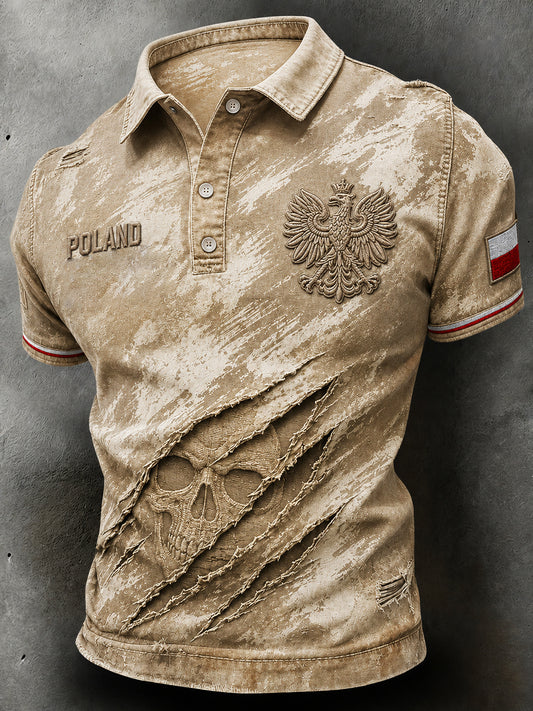 Męski retro koszulka polo w stylu casual z polskim nadrukiem sztuki wojskowej w kolorze kamuflażowym z efektem przetarcia