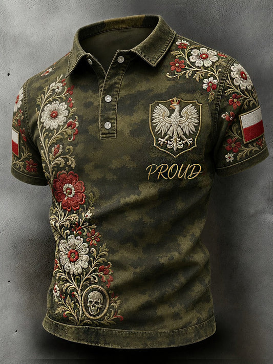 Męski retro koszulka polo w stylu casual z polskim nadrukiem sztuki wojskowej w kolorze kamuflażowym z efektem przetarcia