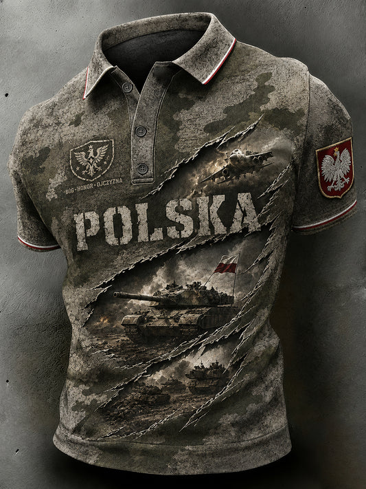 Męski retro koszulka polo z krótkim rękawem i wzorem moro