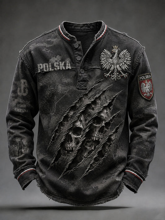 Męski top z długim rękawem, w stylu retro, z nadrukiem moro i dekoltem w kształcie litery V
