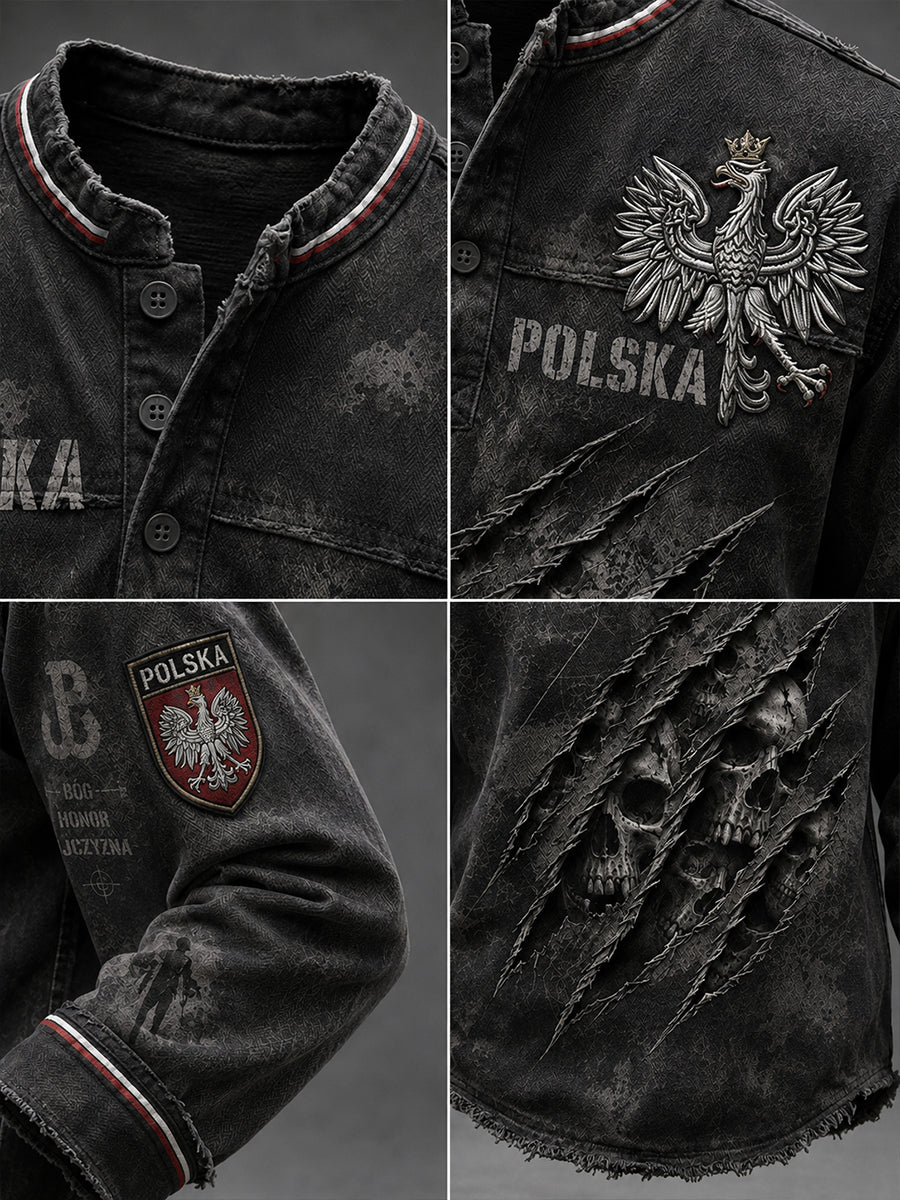 Męski top z długim rękawem, w stylu retro, z nadrukiem moro i dekoltem w kształcie litery V