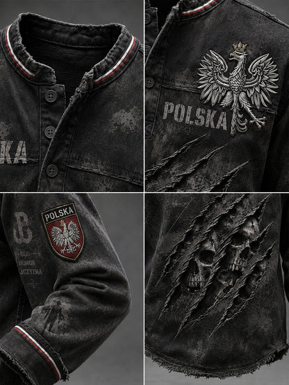 Męski top z długim rękawem, w stylu retro, z nadrukiem moro i dekoltem w kształcie litery V
