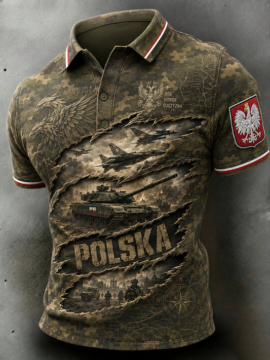 Męski retro koszulka polo z krótkim rękawem i wzorem moro