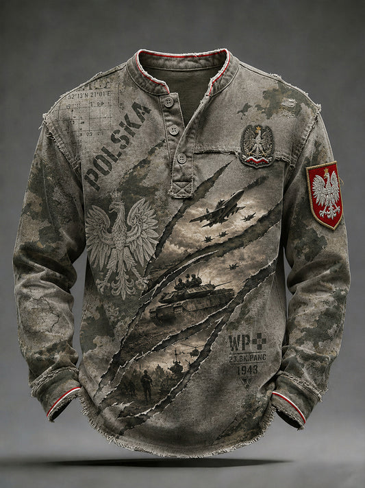 Męski top z długim rękawem w stylu retro w kamuflaż
