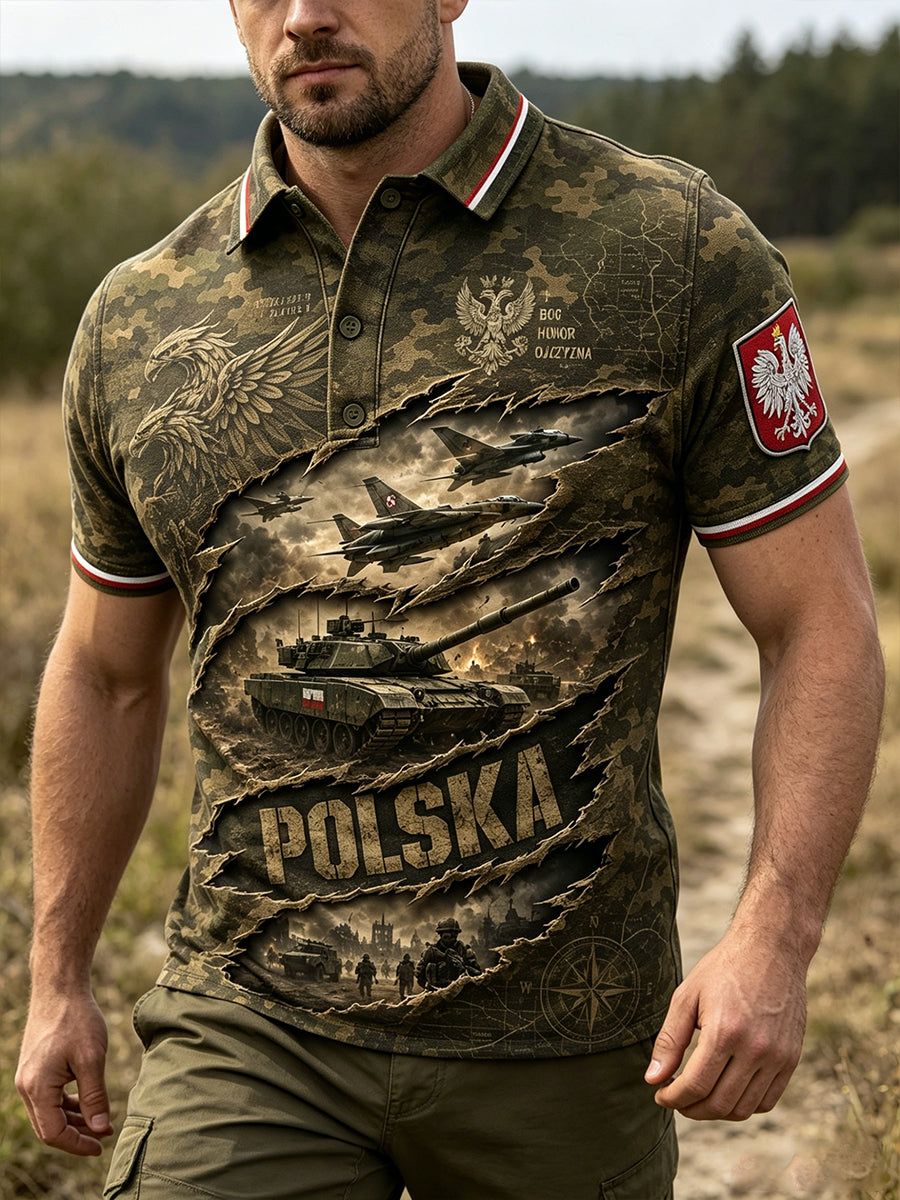 Męski retro koszulka polo z krótkim rękawem i wzorem moro