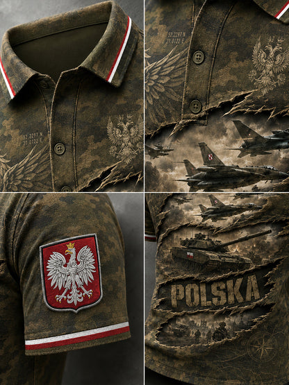 Męski retro koszulka polo z krótkim rękawem i wzorem moro