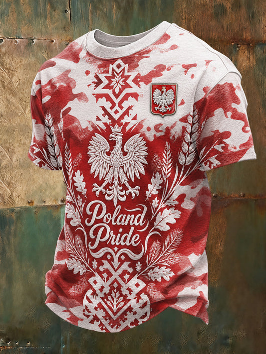 Męski t-shirt z krótkim rękawem i artystycznym nadrukiem flagi polskiej