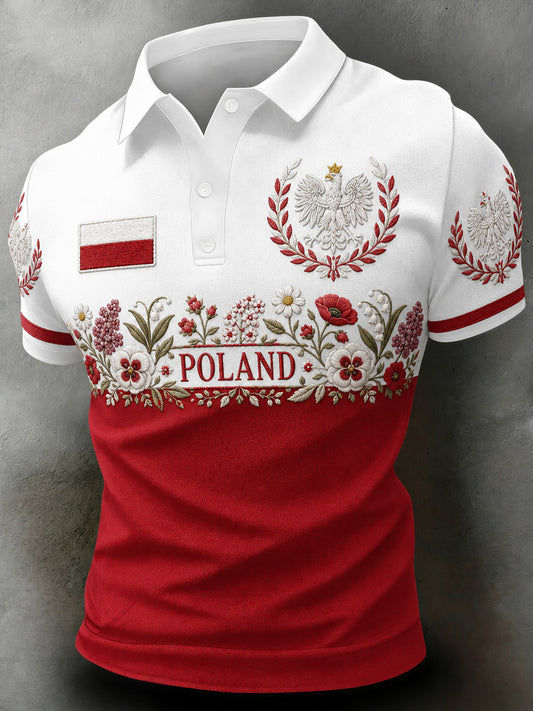 Męski polo z krótkim rękawem i artystycznym nadrukiem inspirowanym flagą polską