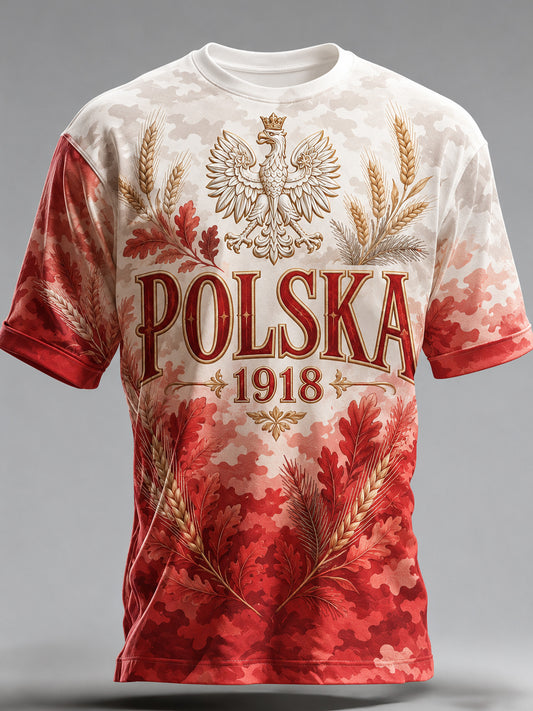 Męski t-shirt z krótkim rękawem i artystycznym nadrukiem flagi polskiej