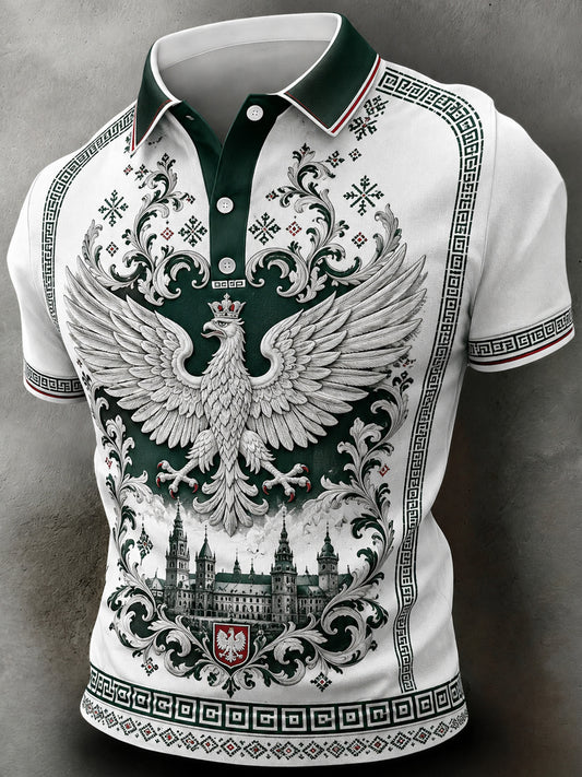 Męski polo z krótkim rękawem i artystycznym nadrukiem inspirowanym flagą polską
