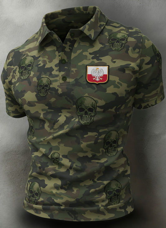 Męski polo z artystycznym nadrukiem w stylu polskiego kamuflażu