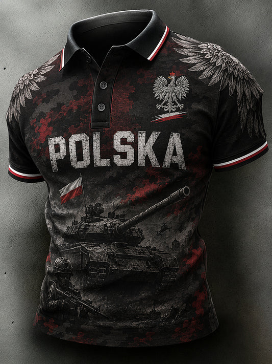 Męski koszulowy polo z nadrukiem w militarnym stylu typu „distressed” w kolorze moro