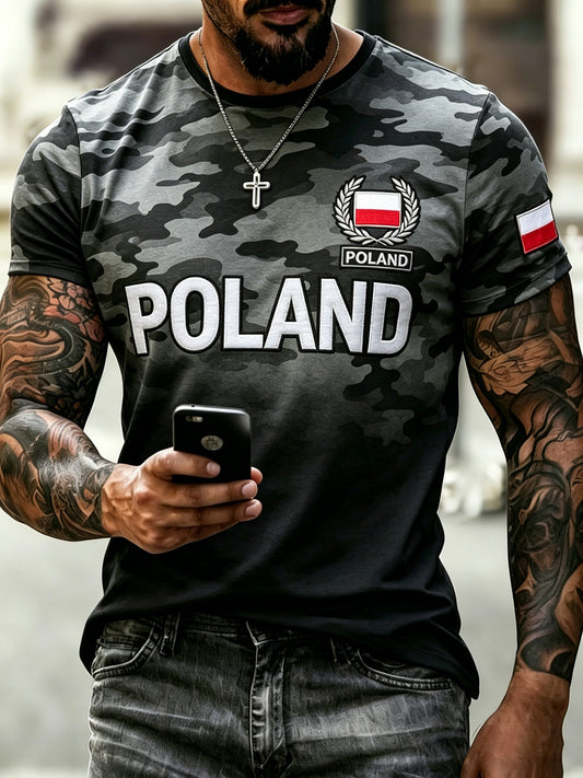 Męski t-shirt w polski kamuflaż, z graficznym nadrukiem