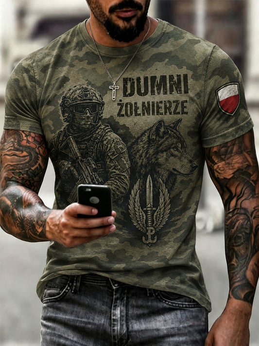 Męski t-shirt z efektem znoszenia, wojskowy wzór moro