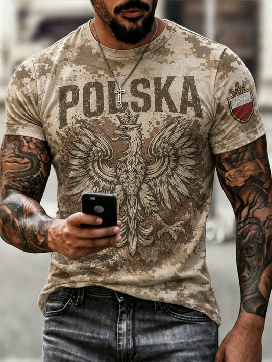 Męski t-shirt z efektem znoszenia, wojskowy wzór moro