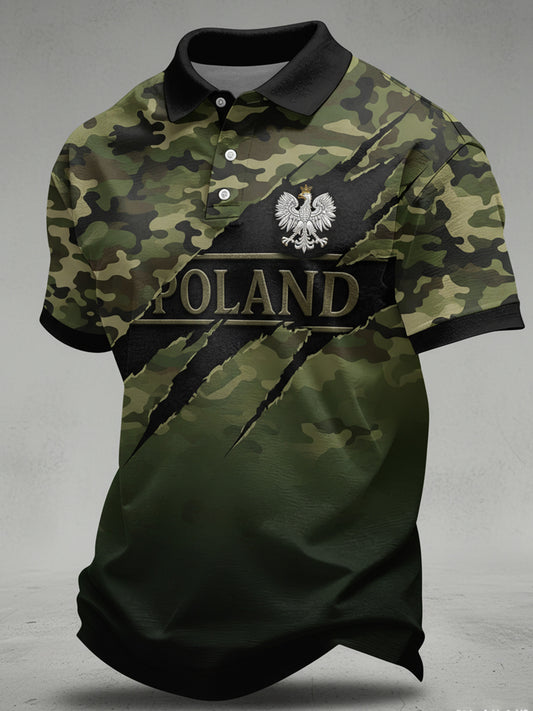 Męski polo z artystycznym nadrukiem w stylu polskiego kamuflażu